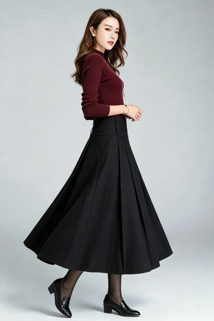 Black Wool Pleated Midi Skirt-High Waist A-Line Long Skirt for Women 7011