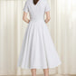 Little White Linen Swing Dress – Boat Neck Fit and Flare Midi 6627