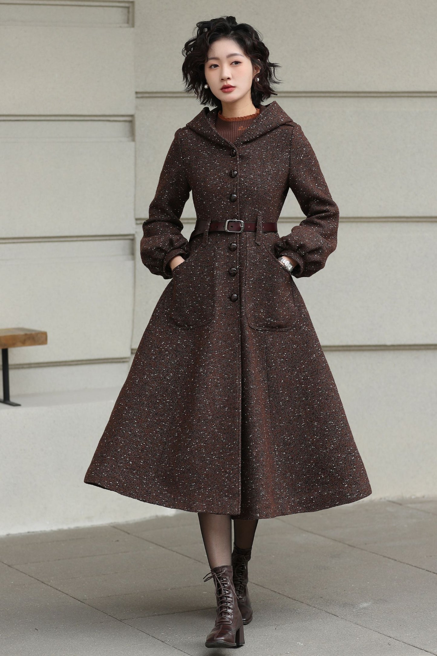 Xiaolizi Handmade Vintage Wool Coat – Brown Hooded Belted Swing Winter Coat 6610