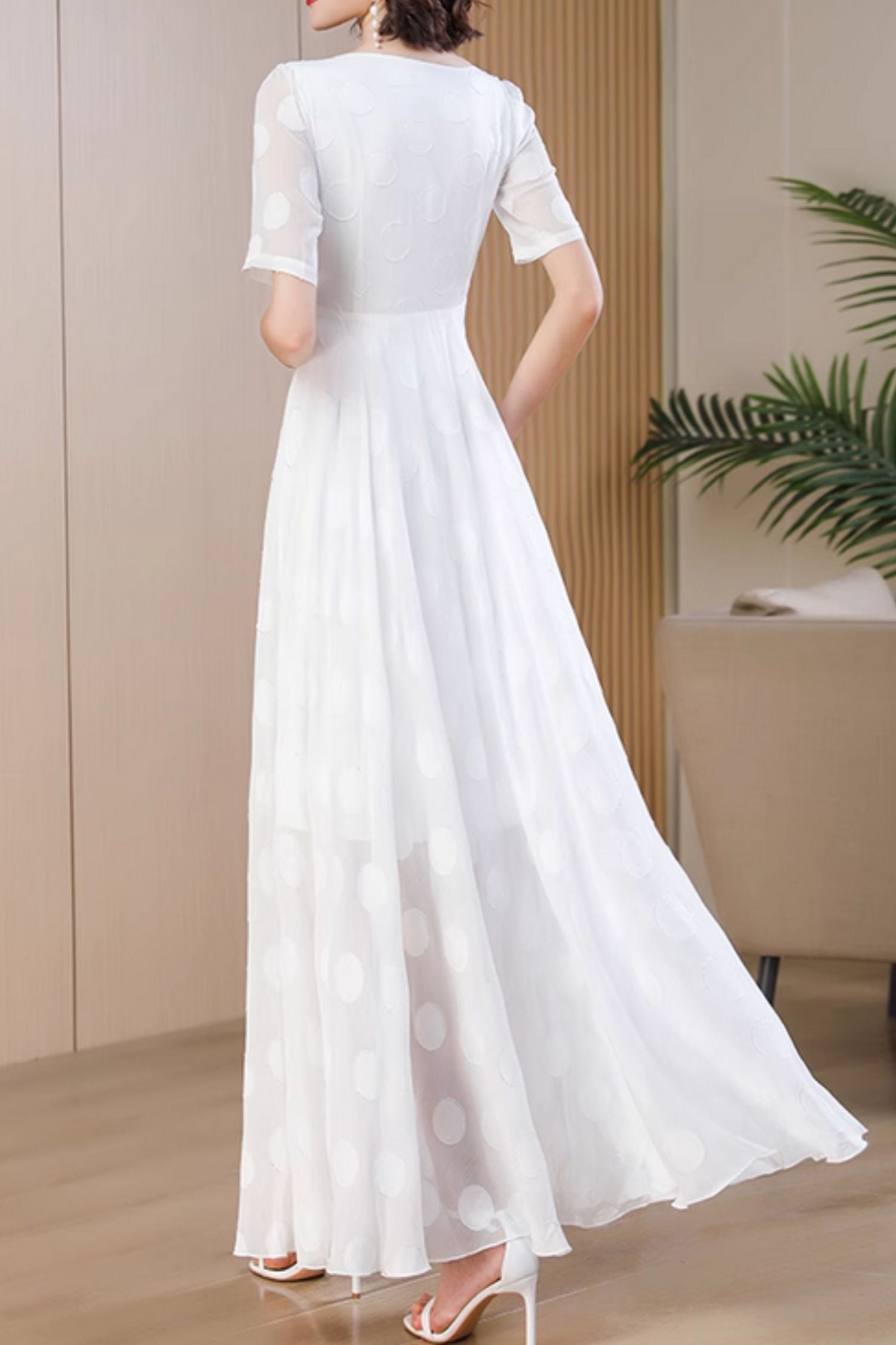 White Chiffon Maxi Dress with Flowy Polka Dot Silhouette – Xiaolizi