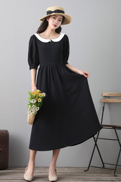 Black Cotton Linen Midi Dress - Vintage Inspired A-Line Swing 2559
