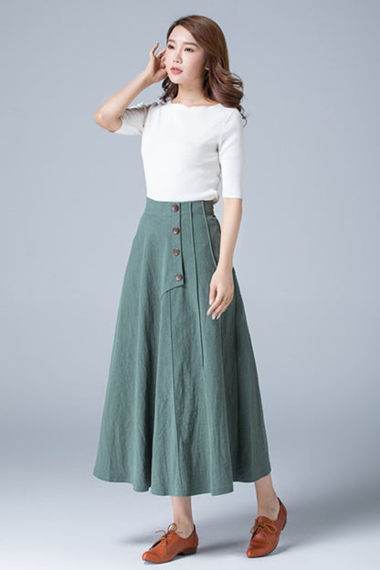 Green Linen Maxi Skirt - A-Line with Button Detail 1775