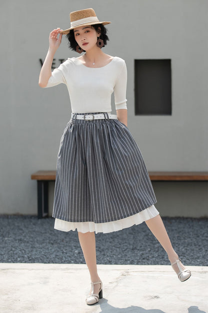 Xiaolizi Striped Linen Midi Skirt – Handmade High Waisted A-Line Summer Skirt 6686