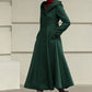 Green Hooded Wool Coat – Handmade Long Fit and Flare Double-Breasted Winter Overcoat for Women 6537