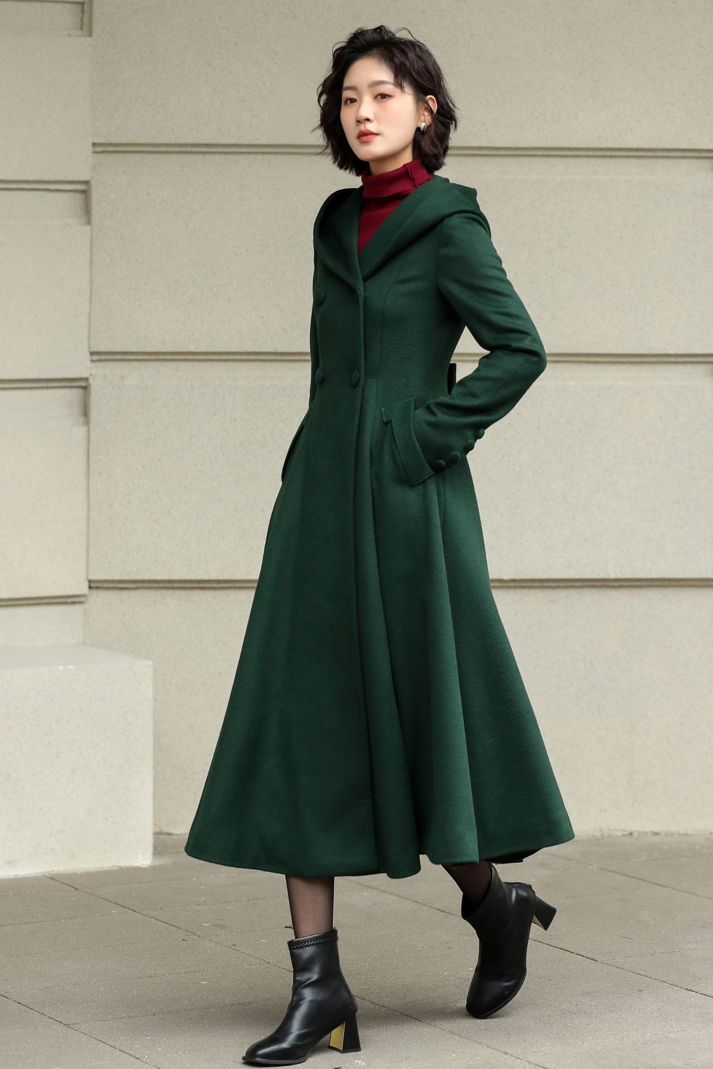 Green Hooded Wool Coat – Handmade Long Fit and Flare Double-Breasted Winter Overcoat for Women 6537