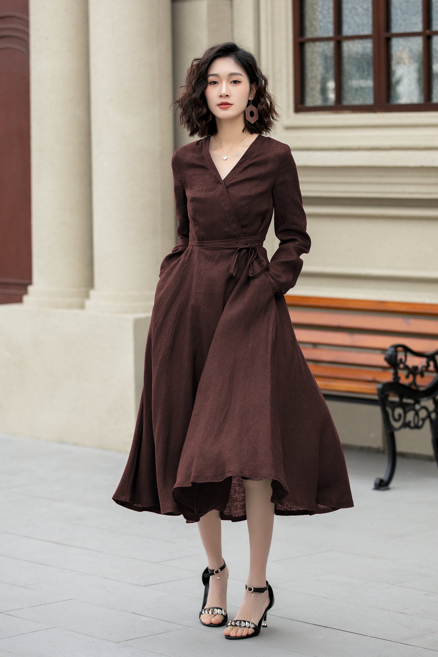 Brown Linen Wrap Midi Dress - Fit and Flare, V-Neck Silhouette 6285