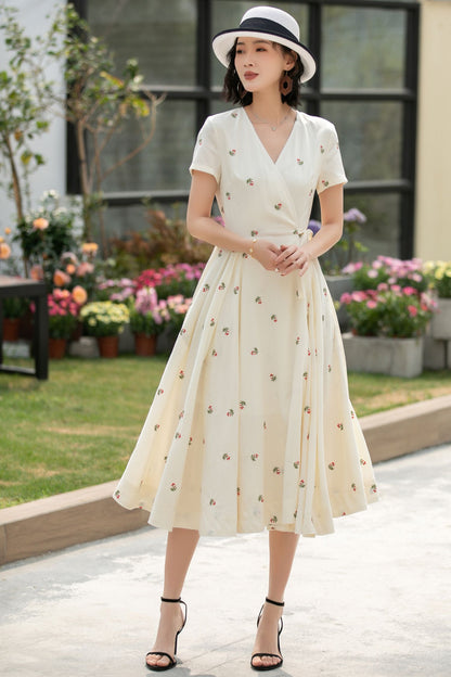 Cream White Embroidered Wrap Dress – Handmade Linen Cotton Summer Midi 5835 Cream White / Custom order