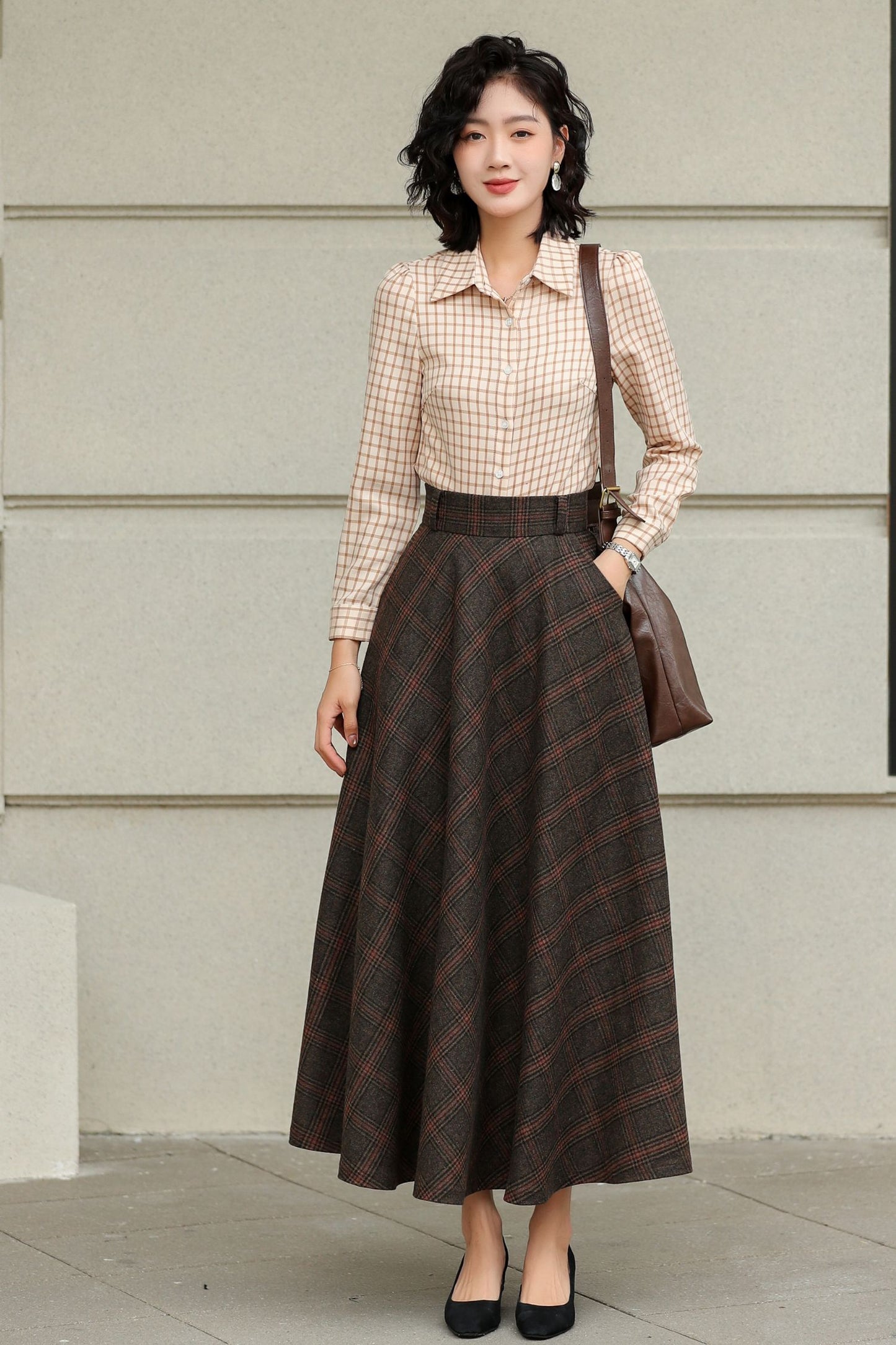 Handmade Dark Brown Plaid Wool Maxi Skirt – High Waist A-line Winter Elegance 6424