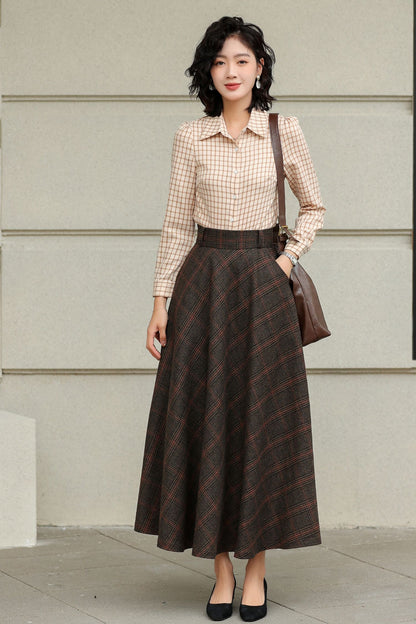 Handmade Dark Brown Plaid Wool Maxi Skirt – High Waist A-line Winter Elegance 6424