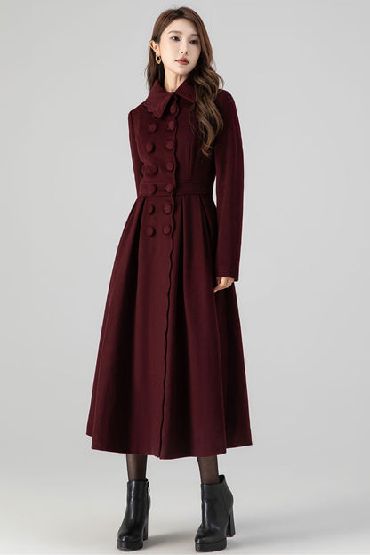 Handmade Burgundy Wool Coat – Vintage Princess Winter Maxi Overcoat 4517