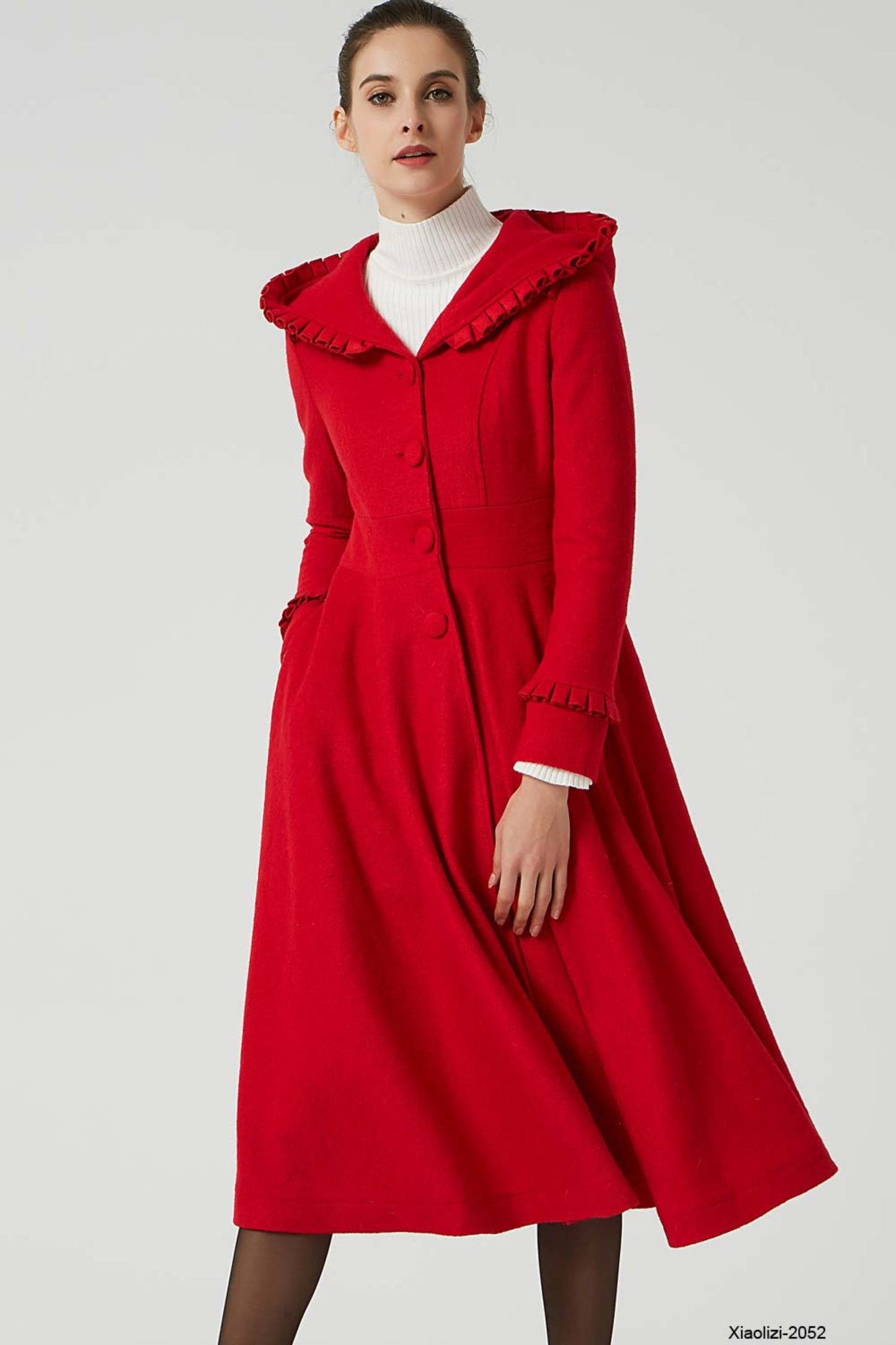 long red wool dress coat with ruffle details 2052