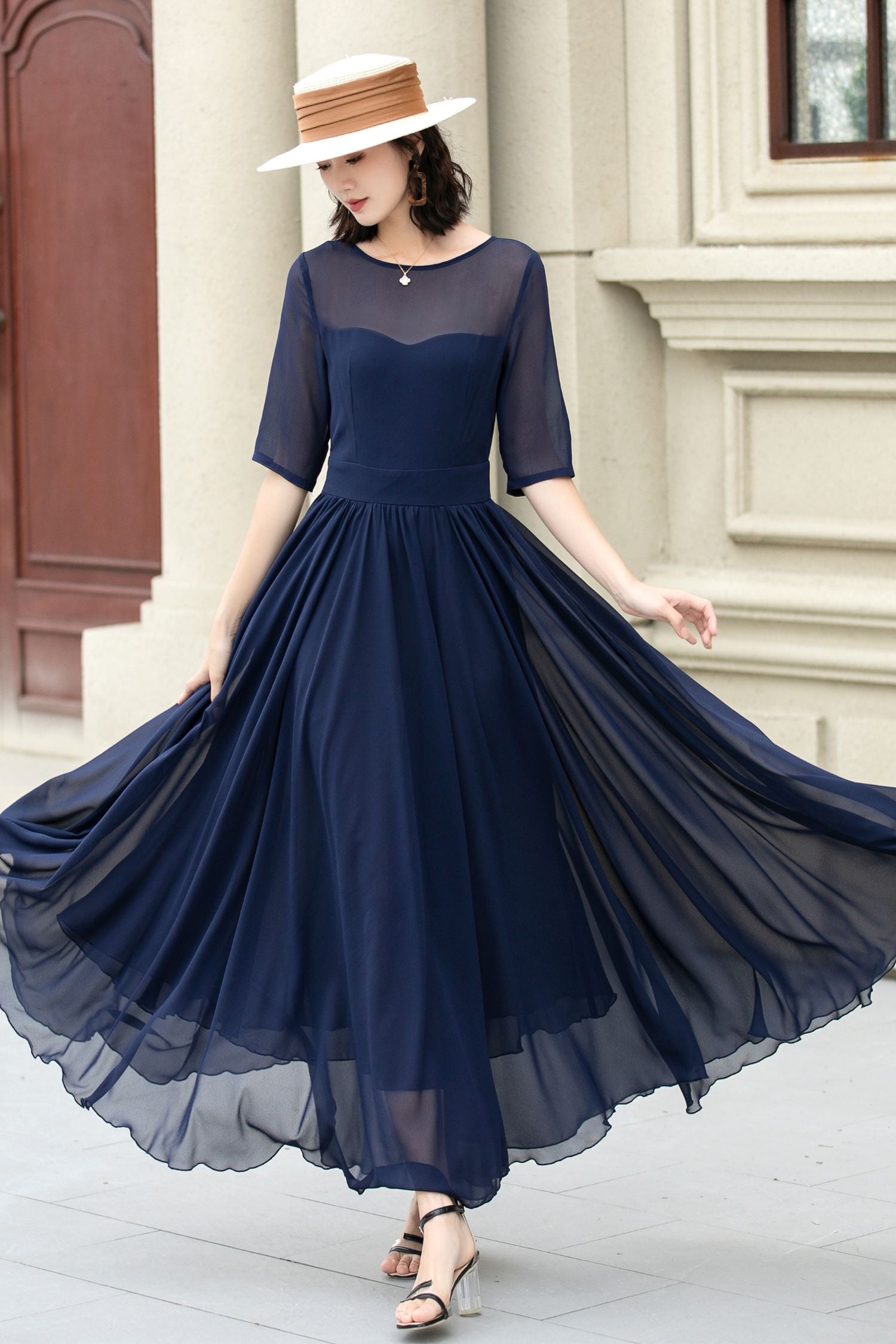 Fit and Flare Dark Blue Chiffon dress 5143 Xiaolizi Fit and Flare Dark Blue Chiffon dress 5143 Xiaolizi