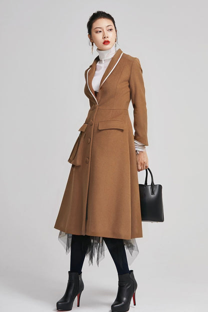 Women's Brown Wool Coat - Midi Length Winter Coat with Lapel Collar 5613
