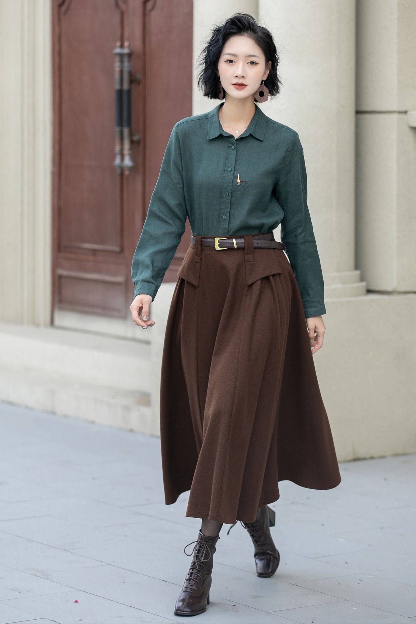 A line brown midi wool skirt women 5356