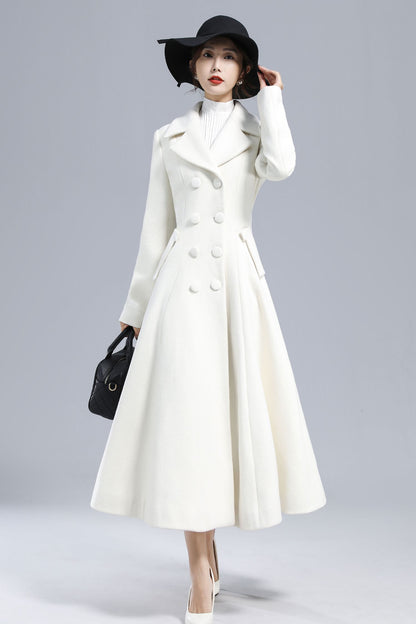 White Wool Maxi Coat – Vintage Double Breasted Long Winter Overcoat 3235