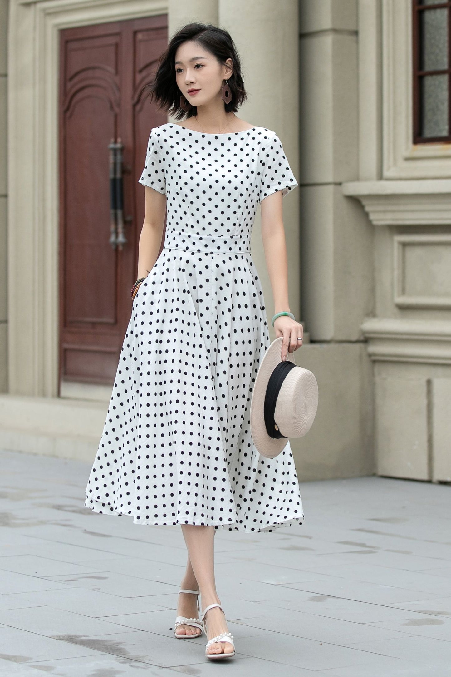 Black and white polka dot summer linen dress 5225