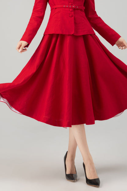 Red Linen Midi Skirt - High Waist Circle Swing Pockets | Xiaolizi 5760