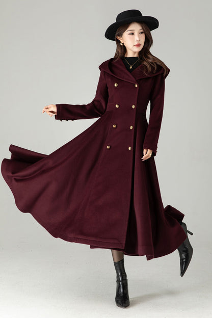 Hooded Burgundy Wool Coat – Elegant Double-Breasted Long Swing Coat | Xiaolizi 6573