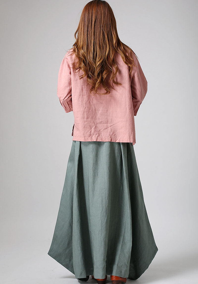 Sage Green Linen Cotton Maxi Skirt – Handmade Flowy Boho Long Skirt | Xiaolizi 914
