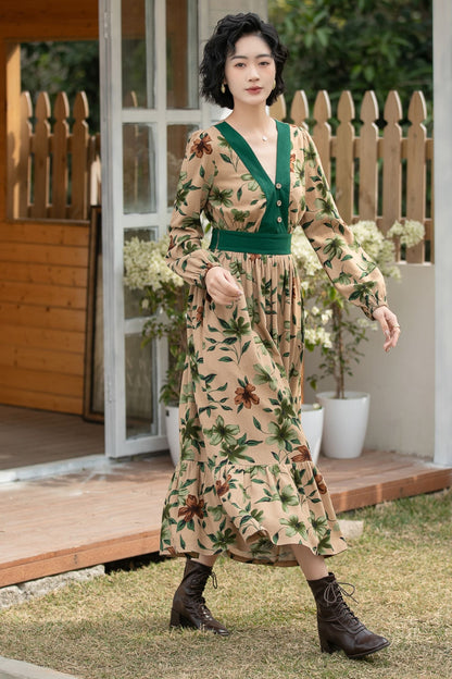 Xiaolizi Boho Linen Midi Dress – Vintage Contrast V Neck 6693