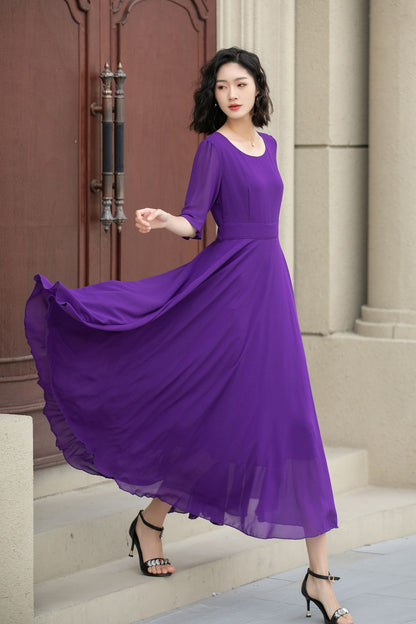 Purple Chiffon Maxi Dress - A-Line Silhouette with Flared Sleeves 5116