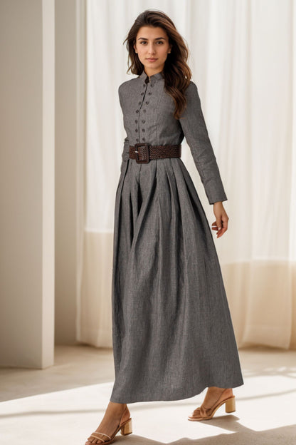 Gray Linen Maxi Dress - Pleated, Long Sleeve, Button Detail 5126
