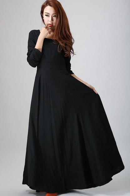 Black Linen Maxi Dress - Square Neckline Pleated Skirt 793