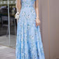 Blue floral printed long chiffon dress  5042