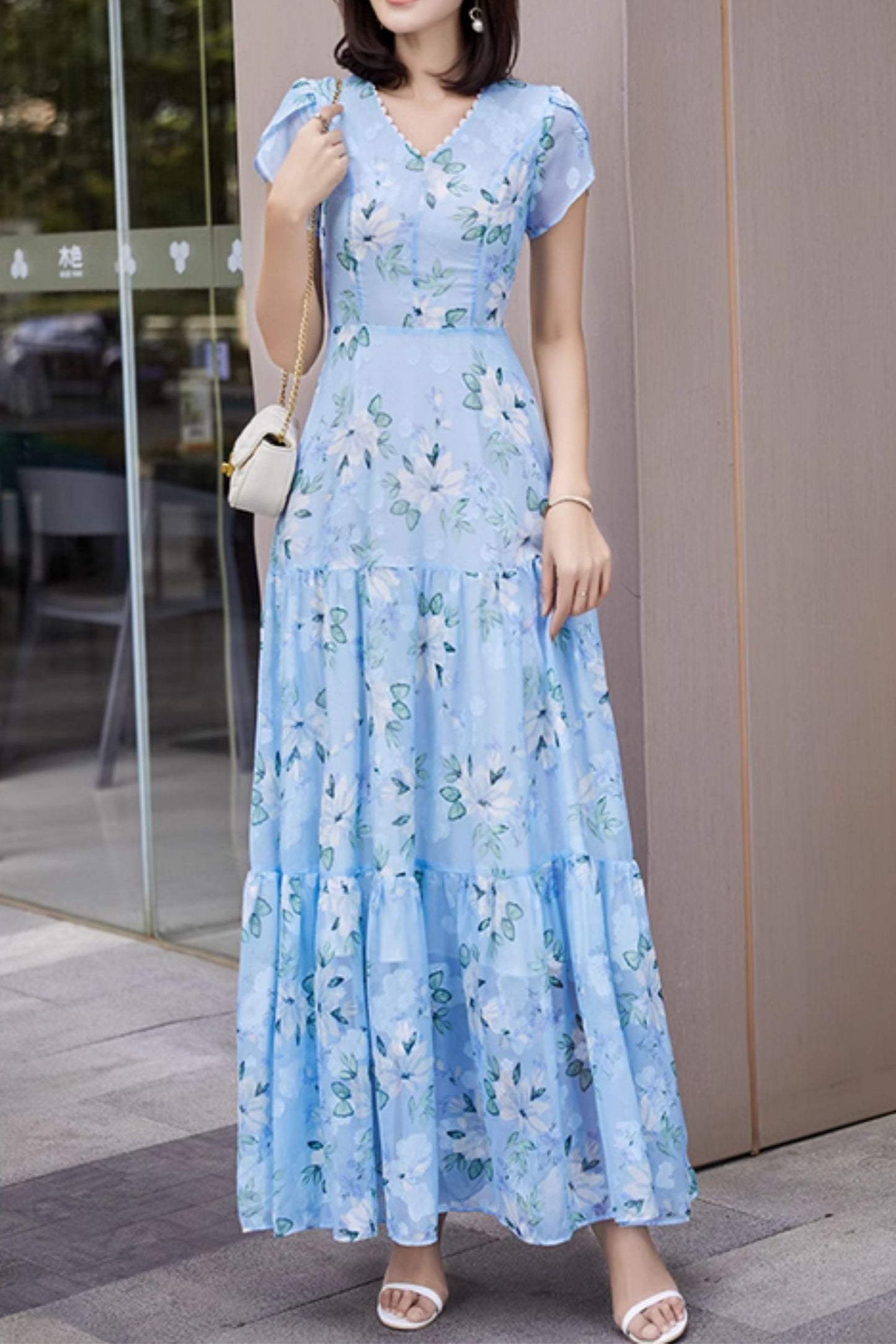 Blue floral printed long chiffon dress  5042