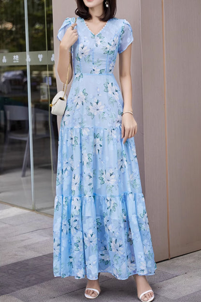 Blue Chiffon Maxi Dress - Floral Print, Cape Sleeves 5042