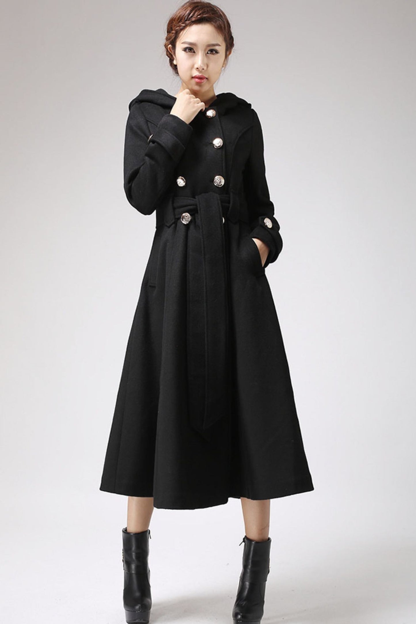 Winter long wool jacket hood in Black 0707#