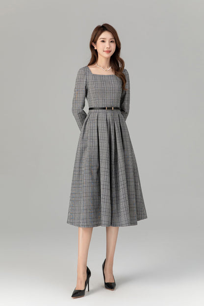 Plaid Linen Midi Dress - Swing Silhouette with Long Sleeves 4935