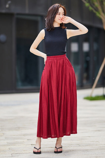 Red Linen Cotton Maxi Skirt - Pleated Pockets Flared | Xiaolizi 2176