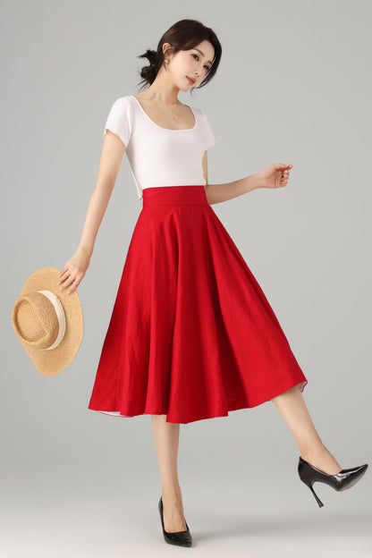 Red Linen Midi Skirt - High Waist Circle Swing Pockets | Xiaolizi 5760