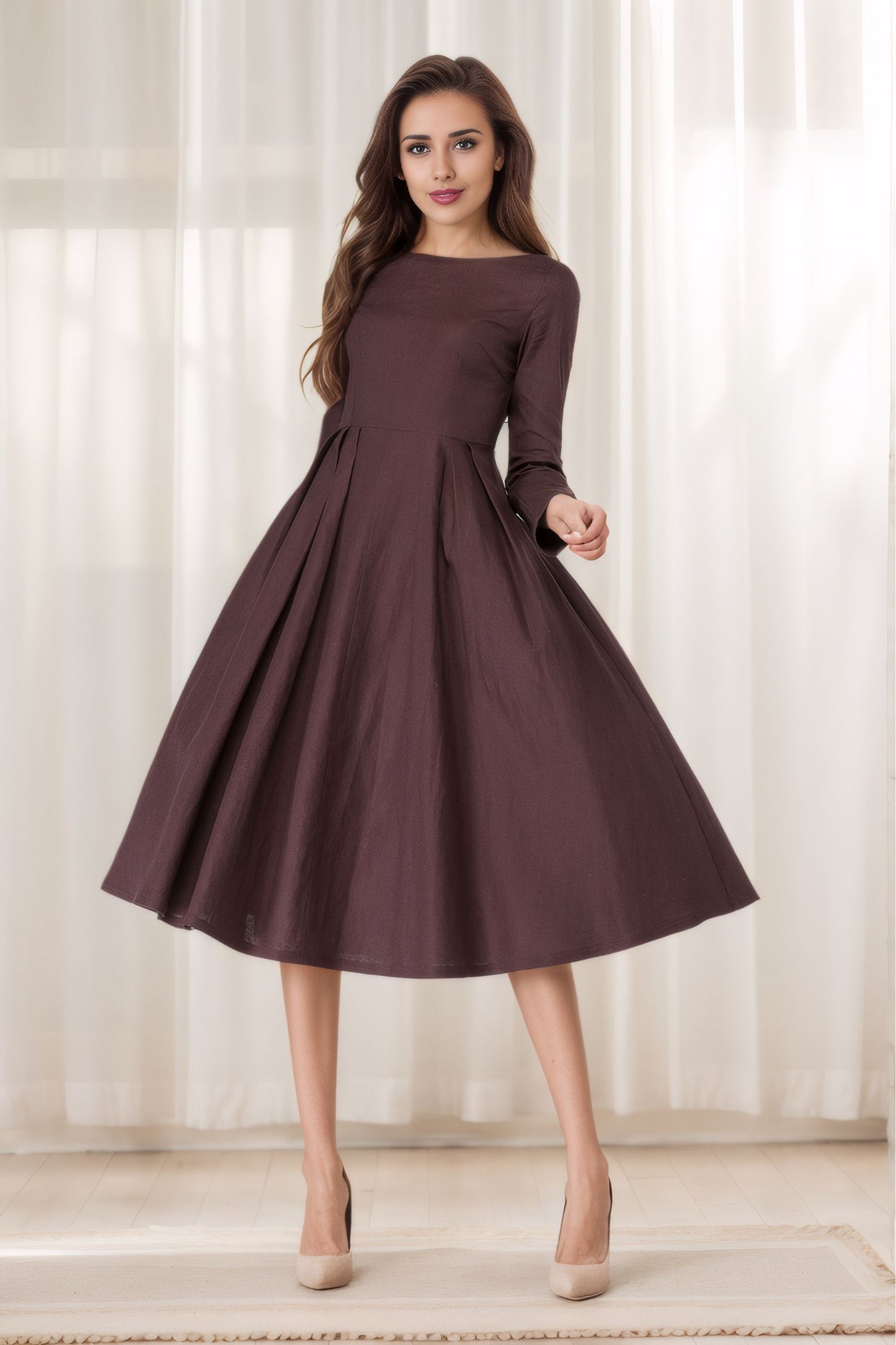 Brown Linen A-Line Spring Dress 5615