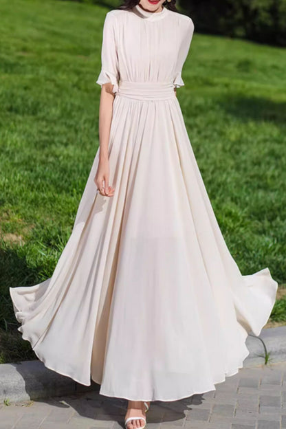 Beige Chiffon Maxi Dress - Fitted Waist Round Neck | Xiaolizi 5152