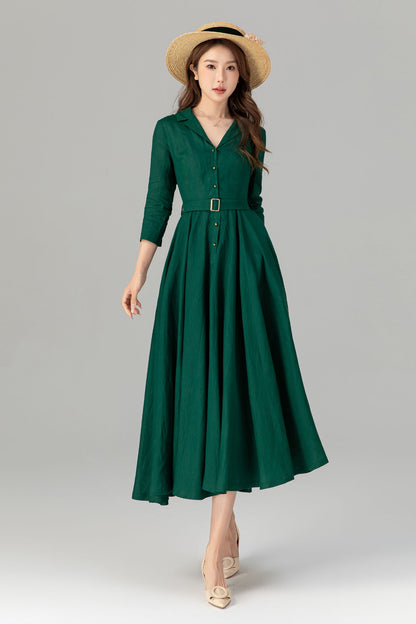 Green Linen Blend Midi Shirt Dress - Fit and Flare with Tie Belt Waist 4909