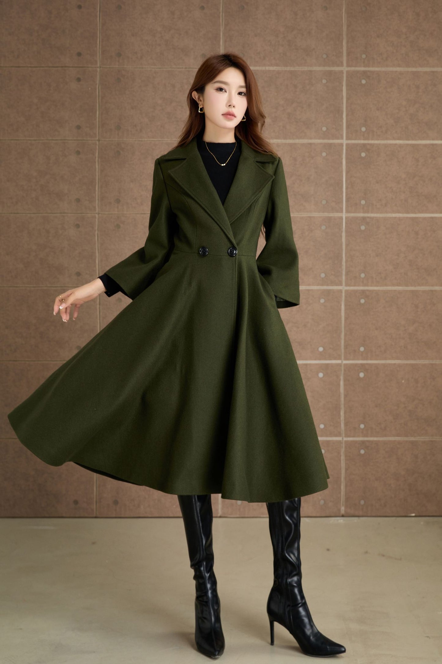 Green princess long winter wool coat 5364