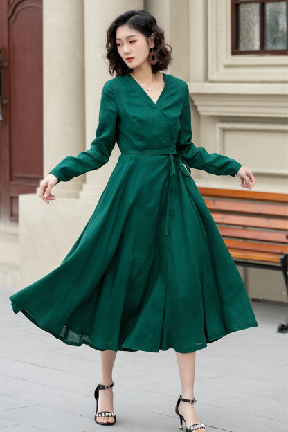 Green Linen Midi Dress - Fit and Flare Wrap with V-Neckline 4966