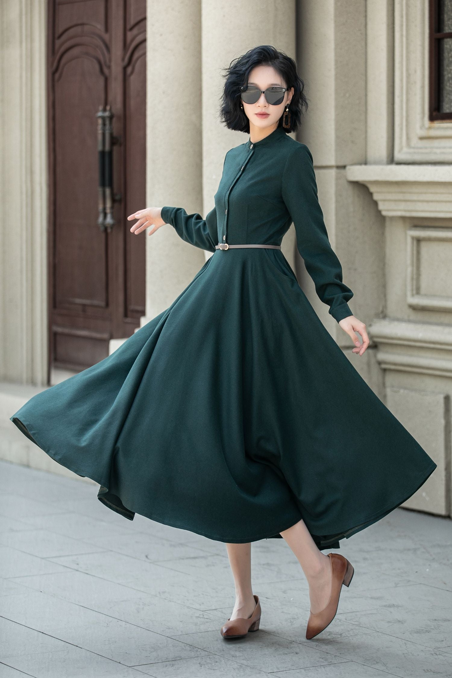 Dark Green Wool Maxi Dress - Long Sleeve, Flowy Winter Style 5314