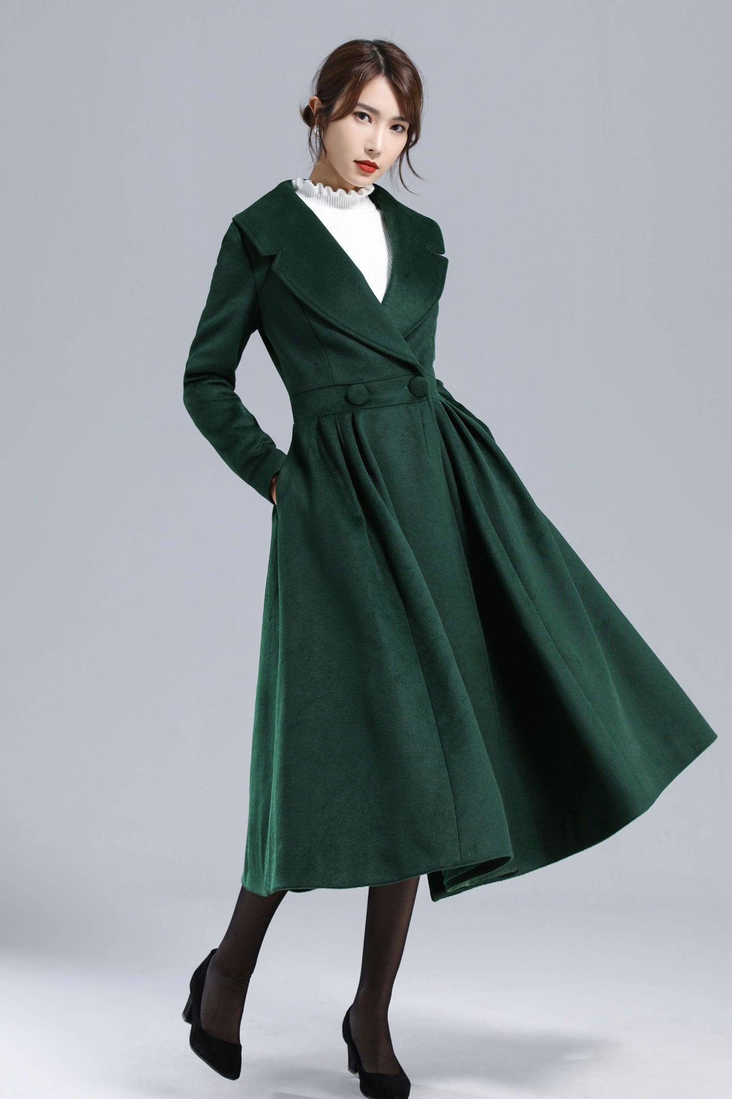 Dark Green Fit and Flare Wool Coat 3242