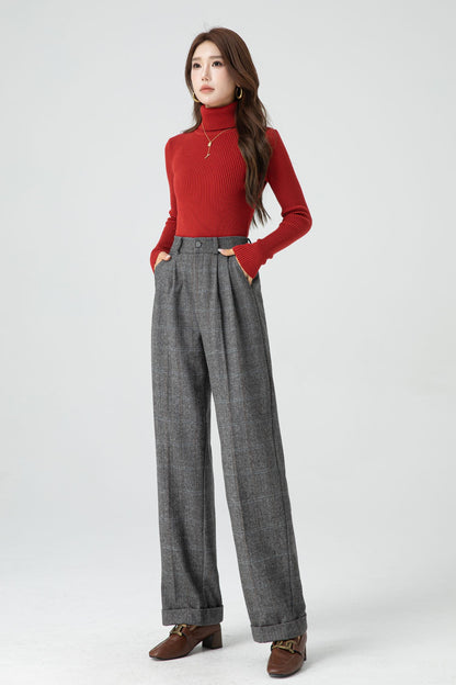Gray Wool Wide Leg Pants – Vintage High Waist Winter Trousers with Pockets 5320