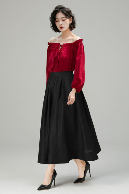 Black Linen Midi Skirt - High Waist A-Line | Xiaolizi 6716
