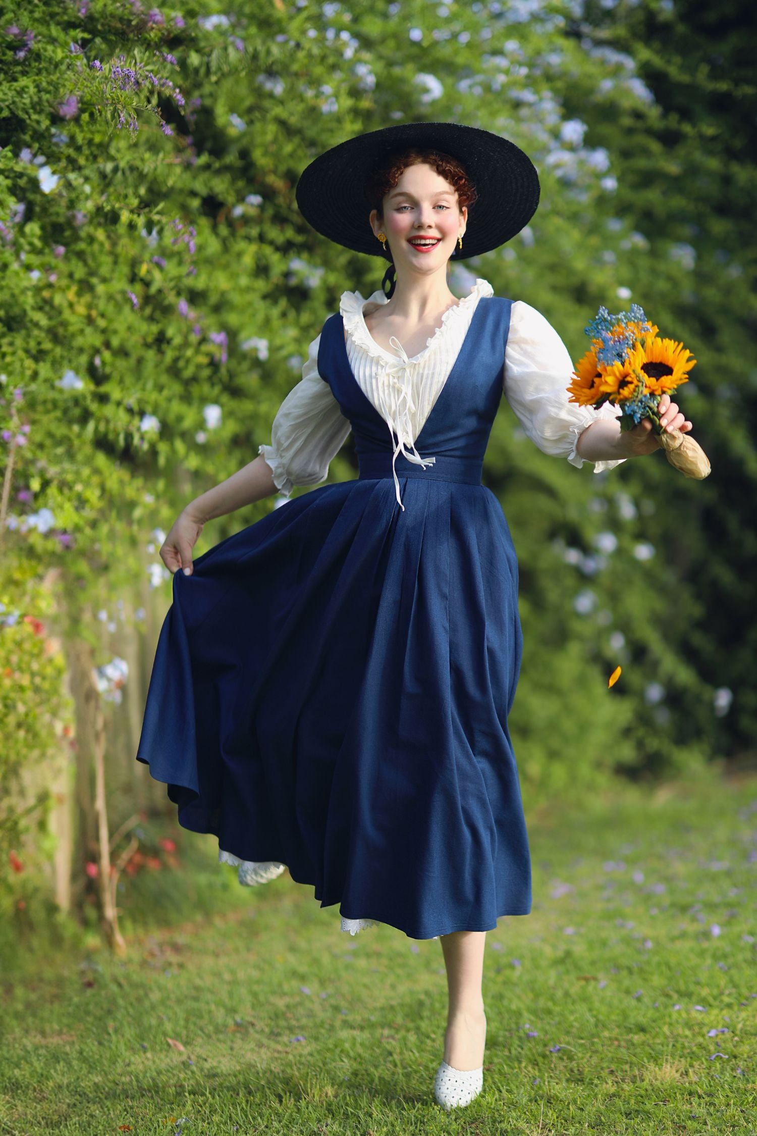 Blue Linen Cotton Pinafore Dress - Deep V-Neck, Swing Silhouette 5213