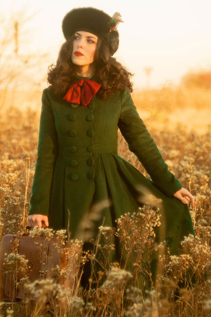 Forest Green Wool Blend Coat - Double Breasted Fitted Waist 3243