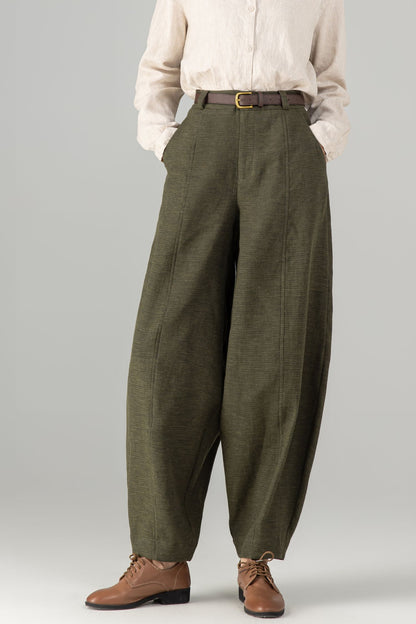 Army Green Linen Baggy Pants - Loose Fit, Ankle Length 5703