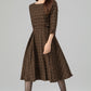 Brown Plaid Wool Dress – Vintage Fit & Flare Midi with 3/4 Sleeves | Xiaolizi 6393