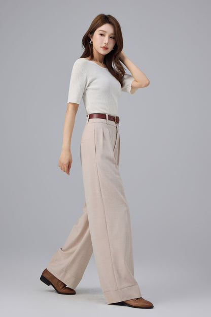 Beige Polyester Wide Leg Pants - High Waist Pleated | Xiaolizi 6761