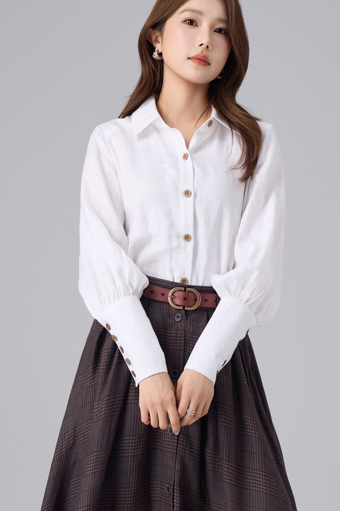 White Linen Cotton Shirt for Women – Puff Sleeve Vintage Inspired Button Blouse | Xiaolizi 6765