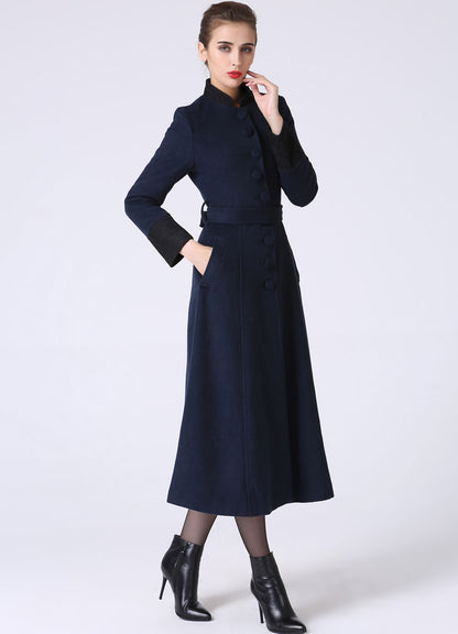 Handmade Wool Coat – Vintage Mandarin Collar Winter Maxi Overcoat 1061